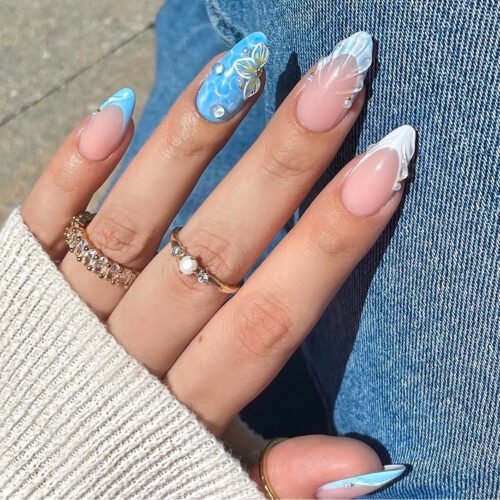 JP3440-Seashore Short Almond Nails | 3D Shells & Dew Drops French Manicure (Reusable Waterproof)​​ ​​Subtitle:​​ ✨ Instant Underwater Elegance ✨ – Salon 3D Art Without Salon Prices or Wait Times!  (Hero Image: Sunlit shot of nails w/ 3D shells/dewdrops beside blue tide pools + seashells)
