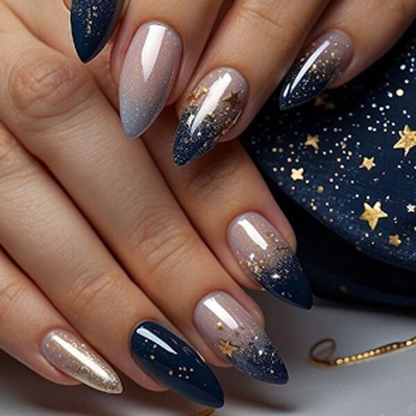 JP3756-Nova Rebellion: Reusable Galaxy French Almond Nails w/ Crushed Stardust​​ Salon-Forbidden Cosmic Edge – Slip On in 7 Minutes