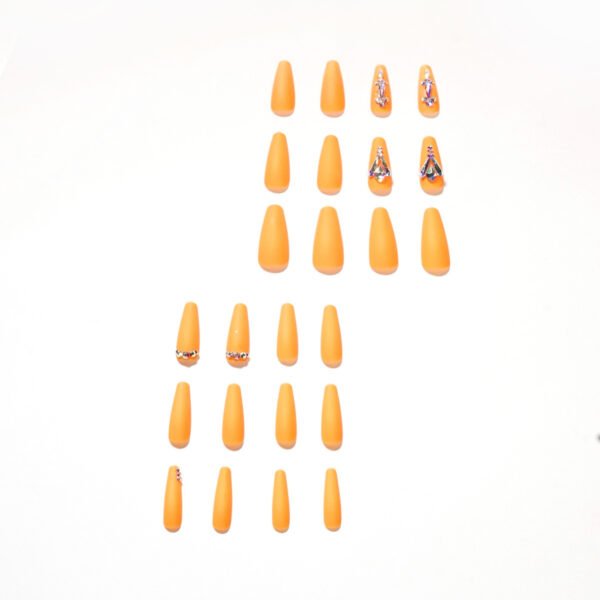 JP1313-Sunset Glam at Your Fingertips: Extra Long Reusable Coffin Press Ons - Vibrant Orange French Tip with Diamonds