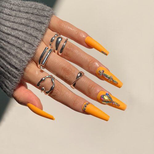 JP1313-Sunset Glam at Your Fingertips: Extra Long Reusable Coffin Press Ons - Vibrant Orange French Tip with Diamonds