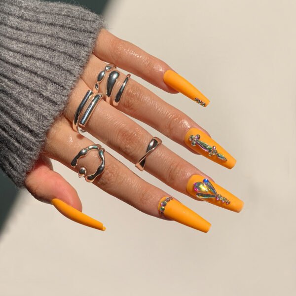 JP1313-Sunset Glam at Your Fingertips: Extra Long Reusable Coffin Press Ons - Vibrant Orange French Tip with Diamonds