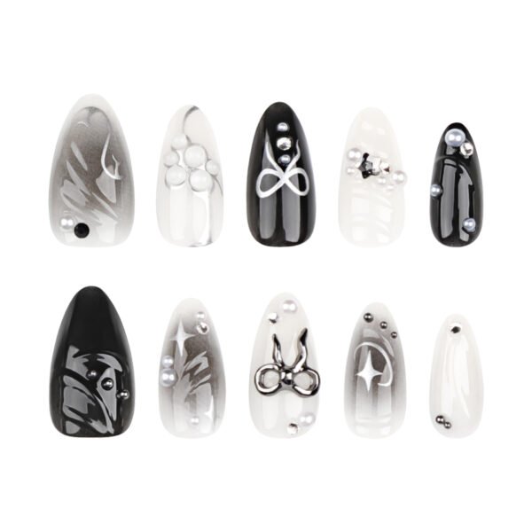 O1CN01GVwRcG2NGHu5Lh3rW_!!4234819935-0-cib JP3399-Black Magic Rebellion: Reusable Gothic Ombré Almond Nails w/ 3D Bows & Silver Stars Salon-Quality Edge Without the Commitment or Cost