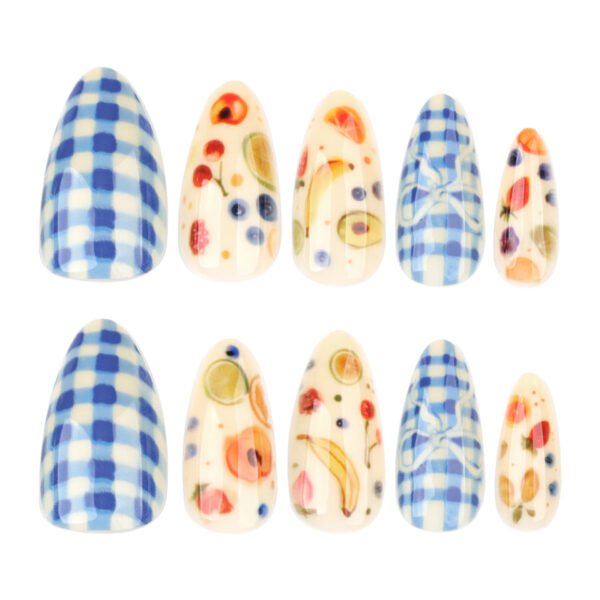 O1CN01HQMJ8L2NGHyGJMfHl_!!4234819935-0-cib JP3887-Sunny Picnic Fingertips: Short Almond Fruit & Gingham Nails (Reusable + Waterproof!)