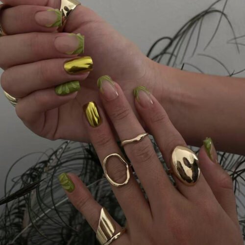 JP3992-Fresh Green French Press-Ons with Gold Mirror & 3D Accents | Reusable Salon Nails​
