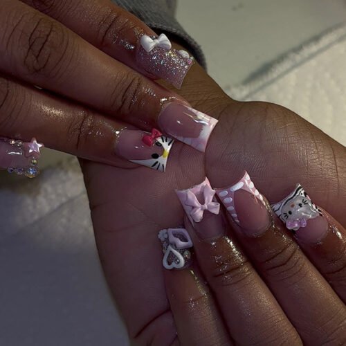 JP3652-Kawaii Meow French Press-Ons: Reusable Pink Cat Nail Set with Bows - Waterproof & Salon-Grade