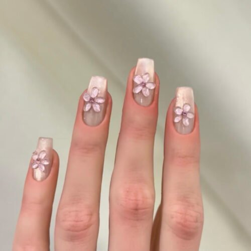JL0670-Moonbeam Ballet Press On Nails | 3D Pearlescent Blossoms Reusable Short Almond Radiance – Waterproof Temptation