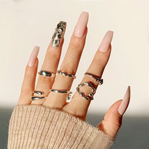 JP1356-✨ Nude Pink Paradise: Extra Long T-Shape Press-Ons - ​​Full Crystal Luxury​​ | Waterproof & Reusable