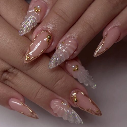 JP3876-Liquid Metal French Almond Nails | 3D Teardrop Design | Waterproof Reusable Salon Escape​​  ​​Subtitle:​​ Architectural Elegance That Defies Salon Chains