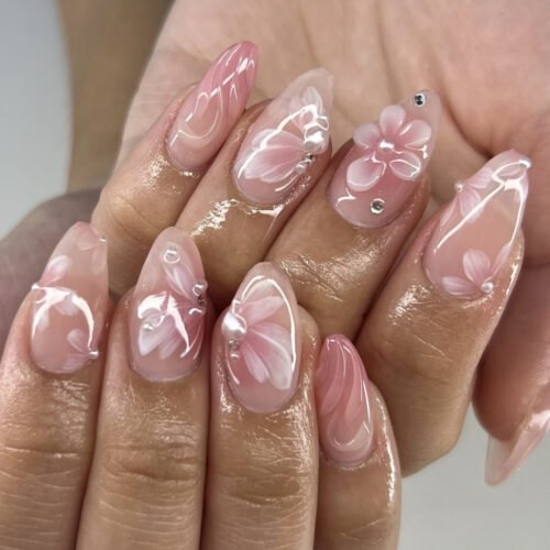 JP3882- Luxury Garden French Tips: Reusable 3D Flower Almond Press On Nails with Swarovski Accents (Waterproof)  ​​Salon-Defying Glam in 8 Minutes: Handcrafted Crystal & Daisies - Damage-Free 15+ Day Wear