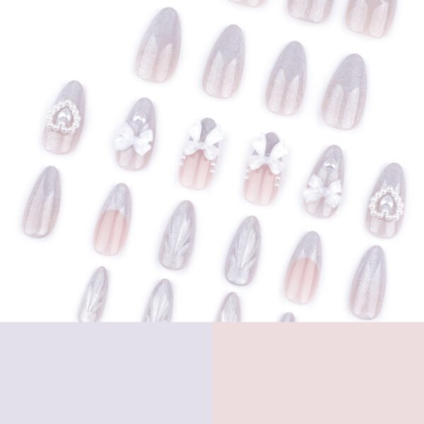 JP3557✨ 3D Fantasy French Toes: Diamond Bows, Pearl Hearts & Cat Eye Dreams (Luxury Almond Press-Ons)