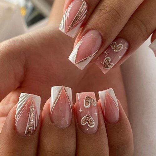 JP3768-Heartbeat French Tips: Reusable Press-Ons with 3D Love & Salon-Free Glam​