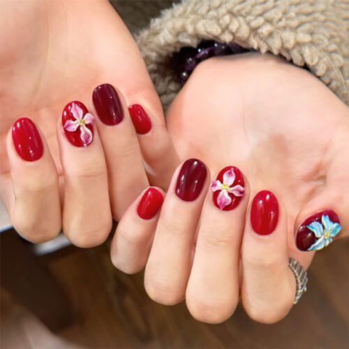 JL0676-Velvet Wine Press On Nails | 3D Rose Shorties Salon-Worthy Florals - Reusable & Kind to Nails