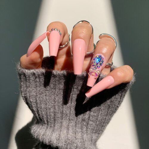 JP1309-Be the Belle of Every Ball: Extra Long Reusable T-Shape Press-Ons - Full Glam French Tip w/ Diamonds & 3D Bow