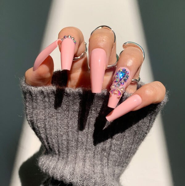 JP1309-Be the Belle of Every Ball: Extra Long Reusable T-Shape Press-Ons - Full Glam French Tip w/ Diamonds & 3D Bow