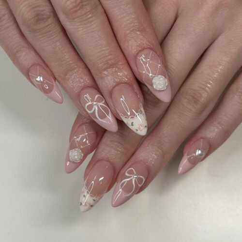 JP3866-Blushing French Petals Press-Ons: 3D Camellias & Diamonds That Won’t Quit ✿​​ Salon sparkle in 7 mins, swim-proof for 14 days. Nail damage? Never heard of her.