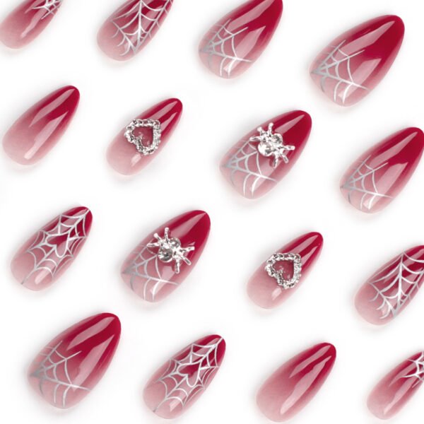 JP3030-Crimson Kiss Almond Press Ons | Spider & Heart Sweet Goth Nails (Reusable Waterproof)​​ ​​Subtitle:​​ Your Dark Valentine Manicure ❤️🕷️ Salon-Grade Edge in 8 Minutes – No Commitment, Maximum Attitude.  (Hero Image: Moody crimson nails with glitter spiders/hearts against crushed velvet, gripping vintage key)