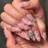 JP3626-Velvet Heart Almond Press Ons | 3D Bow French Manicure - Reusable Valentine Nails (Waterproof)​​ ​​Subtitle:​​ 8-Minute Luxury Salon Nails ✨ Sweet-Goth Romance That Lasts Through Tears & Champagne  (Hero Image: Moody-romantic shot of 3D heart/bow nails holding black roses + broken chain heart locket)