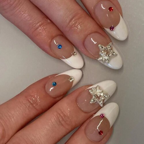 JP2410-✨ Celestial French Almond Nails: Iridescent 3D Stars ✨ Reusable & Waterproof | Salon Elegance in 90 Seconds​​  (For Modern Goddesses: Classic French Meets Cosmic Whimsy!)