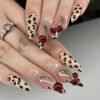 JP3688-Wolf & Cherries Press-Ons: Fluffy Snow French Tips ♞​​ Survives -4°F ski trips & mulled wine spills. Reusable ‘til Valentine’s!