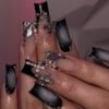 JP3644-Venom French Coffin Press-Ons: Reusable Black-Pink Nails with 3D Waves & Crosses | Waterproof Rebel Glam
