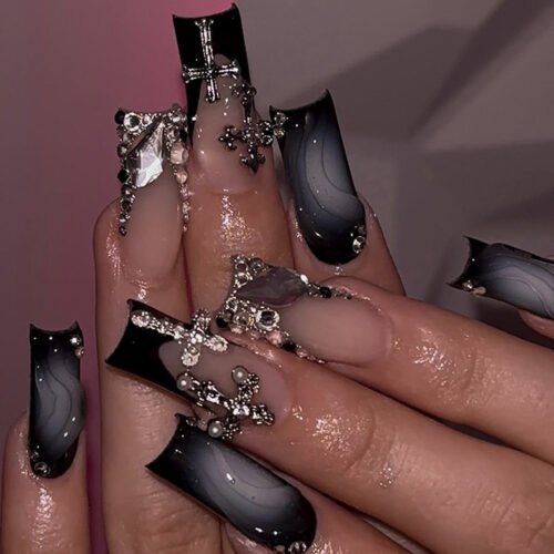 JP3644-Venom French Coffin Press-Ons: Reusable Black-Pink Nails with 3D Waves & Crosses | Waterproof Rebel Glam