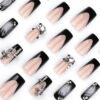 JP3644-Venom French Coffin Press-Ons: Reusable Black-Pink Nails with 3D Waves & Crosses | Waterproof Rebel Glam
