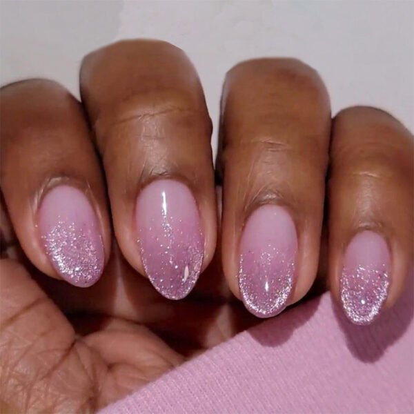 JP3725-Nebula Short Almond Press Ons ✦ Galaxy Purple Ombré ✦ Diamond Dust Sparkle (Reusable Waterproof)​​ ​​Subtitle:​​ Eclipse Salon Glitter Nails in 8 Minutes ✨ – Zero Dry Time, Cosmic Shine  (Hero Image: Moody gradient nails catching light against crushed velvet, refracting prism rainbows)