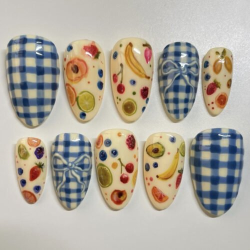 JP3887-Sunny Picnic Fingertips: Short Almond Fruit & Gingham Nails (Reusable + Waterproof!)