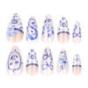 JP3889-🏮 ​​Silk Road Rebellion: Blue Porcelain Almond Press-Ons w/ Detachable Bows​​ ✨ Snakeskin & Florals • Reusable • Waterproof