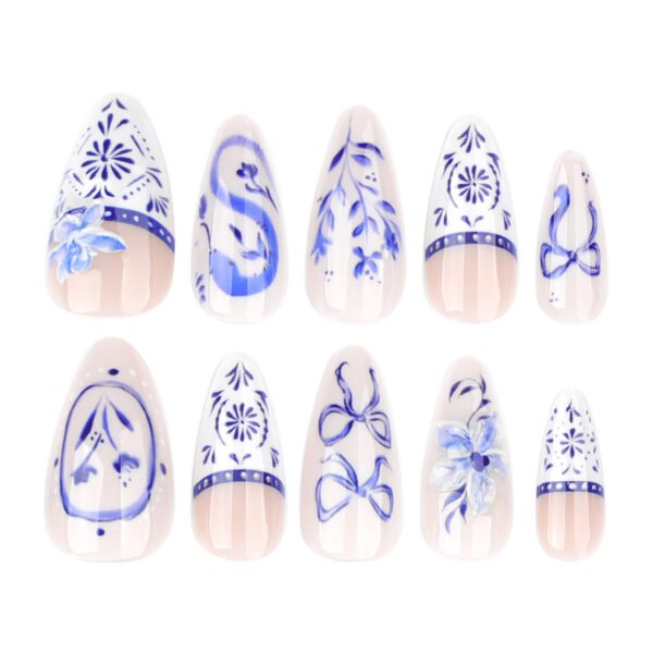 O1CN01NVUlJx2NGHygpITZ7_!!4234819935-0-cib JP3889-🏮 Silk Road Rebellion: Blue Porcelain Almond Press-Ons w/ Detachable Bows ✨ Snakeskin & Florals • Reusable • Waterproof