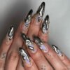 JP3427-French Almond Liquid Silver Press Ons | 3D Chrome Gel Drip & Crystal Fake Nails | Salon Alternative​