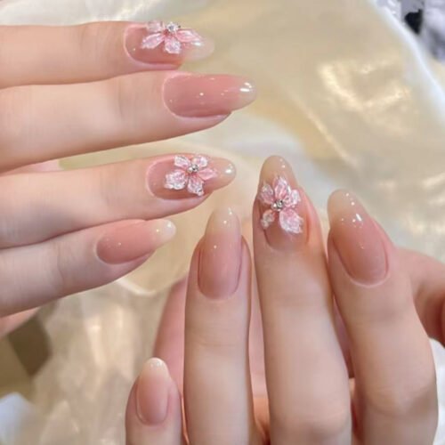 JL0684-Blushed Almond Press On Nails | Weightless 3D Blossom French Tips Reusable Short Almond Perfection – Waterproof & Salon-Grade