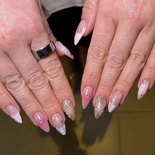 JP3844-Effortless French Almond Press-On Nails | 3D Water Waves & Ombré Tips | Reusable Salon Dupe ​​French Nails Reimagined: Salon Artistry Without the Chair Time​