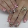 JP3658-Effortlessly Bold French Tips: Reusable Metal Bow Nails w/ Bling ✨