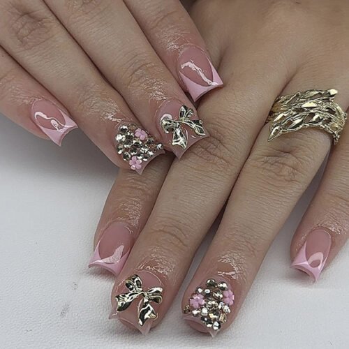 JP3658-Effortlessly Bold French Tips: Reusable Metal Bow Nails w/ Bling ✨