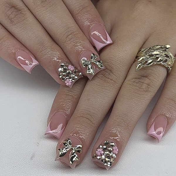 JP3658-Effortlessly Bold French Tips: Reusable Metal Bow Nails w/ Bling ✨