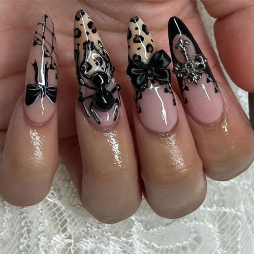 JP3611-Reusable Gothic French Press On Nails: Y2K Spiders, 3D Bows & Leopard Glam – Revolutionize Your Nail Game (Perfect for Expressing Your Dark Glam Mood!)