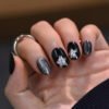 GN054-French reusable press on nails with star glitter, black cat eye short round – chic removable waterproof salon‑quality set
