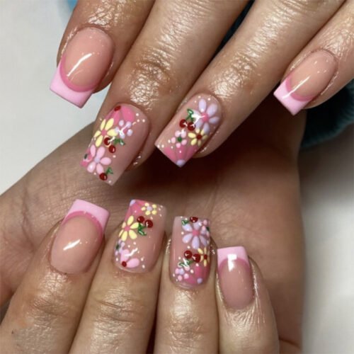JP3966-Playful Clash French Press On Nails | Reusable Floral Statement Salon-Worthy Square Style - Waterproof & Drama-Free