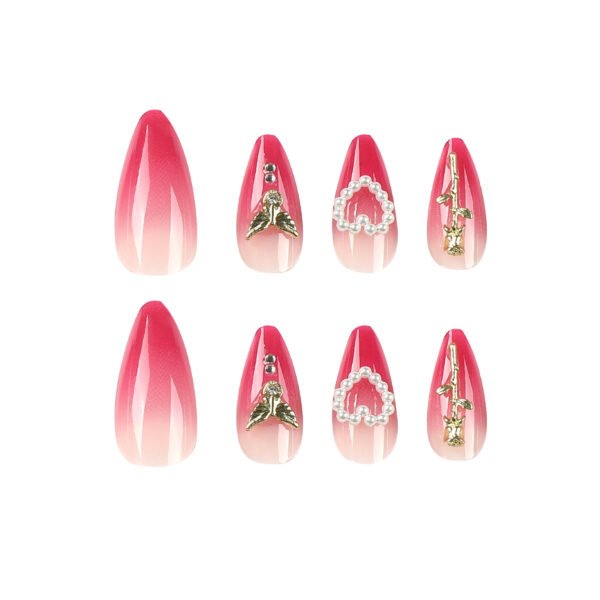 JP2414-🌹 Velvet Rouge French Almond Nails: Gold Roses, Pearl Hearts ✨ Reusable & Waterproof - Timeless Passion at Your Fingertips​​  (For Romantics Who Refuse to Choose Between Drama & Delicacy)