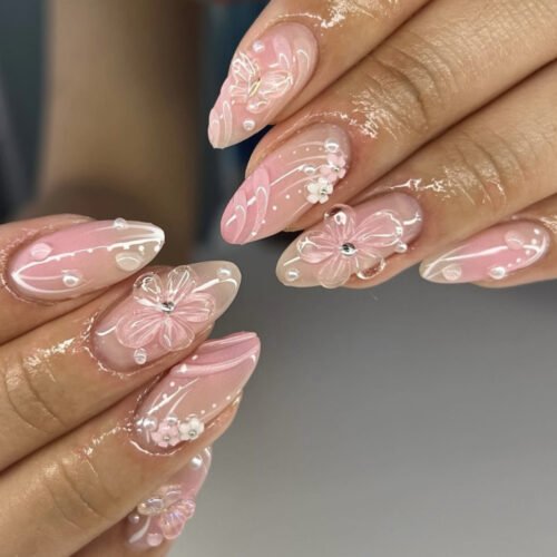 JP3865-Blush Almond Bliss: Short 3D Flower Nails for Effortless Romance (Reusable & Waterproof)