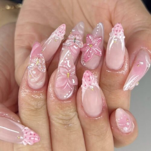 JP3875-Bloom Effortlessly: Spring-Ready Pink Short Nails with 3D Flowers (Reusable & Waterproof!)