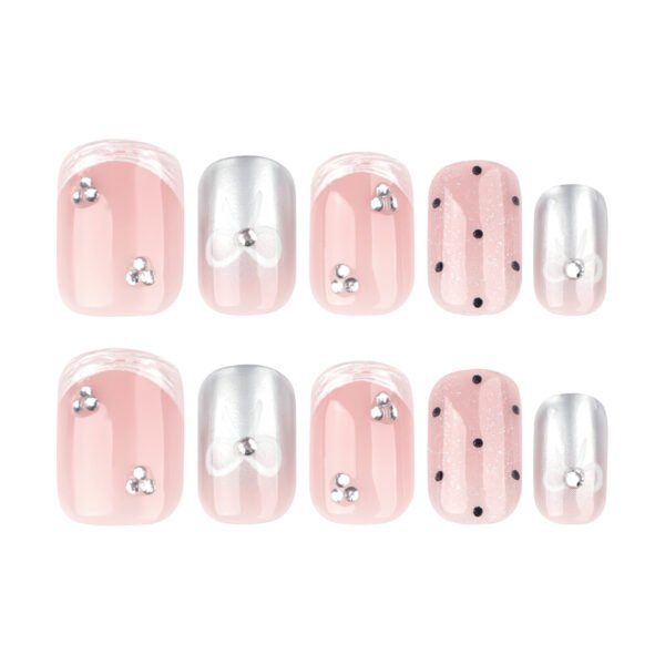 JL0683-Instantly Polished: Short Square Polka Dot & Cat Eye Nails with Glitter Bows (Reusable & Waterproof)