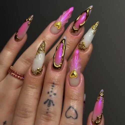 JP3851-Chrome Ombre Stiletto Press-Ons with 3D Crystal Drops | Reusable & Waterproof