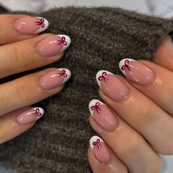 JP3637-French Almond Press On Nails with Red Bow - Reusable Luxury Valentine's Nails (Waterproof)​​  ​​Get Salon-Perfect Valentine’s Manicures in 10 Minutes - No Appointment, No Damage!