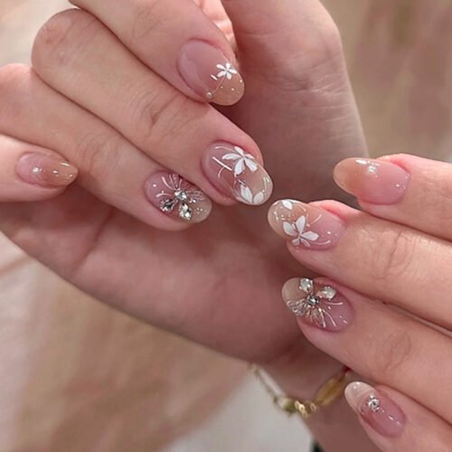 JL0678-Blushed French Press On Nails | Short Oval Florals Summer’s Ethereal Mani – Reusable & Saltwater-Proof