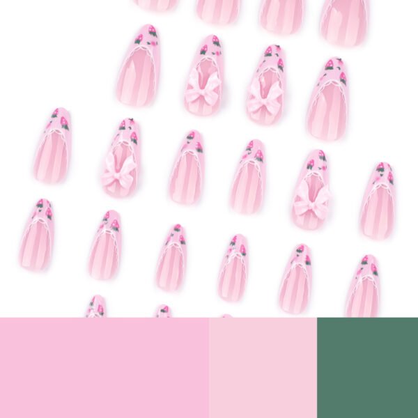 JP3858-Strawberry Fields Almond Nails | 3D Bow & Berry French Tips | Waterproof Cottagecore Press-Ons​​  ​​Subtitle:​​ Salon-Grade Whimsy That Survives Farmers' Markets & Flower Crowns