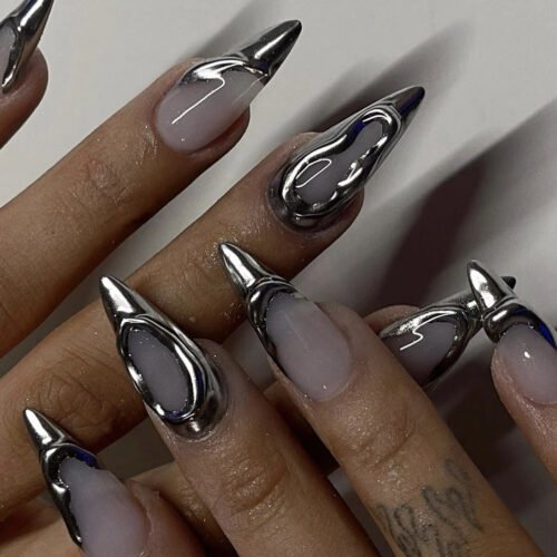 JP3442-French Almond Mirror Chrome Nails | 3D Silver Mirror Press Ons | Bestselling Salon Alternative​