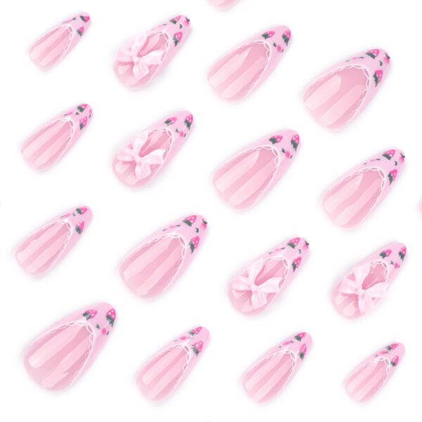 JP3858-Strawberry Fields Almond Nails | 3D Bow & Berry French Tips | Waterproof Cottagecore Press-Ons​​  ​​Subtitle:​​ Salon-Grade Whimsy That Survives Farmers' Markets & Flower Crowns