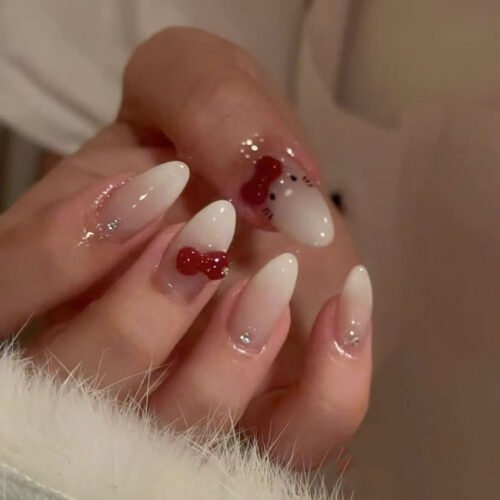 JP3598-Sweet Escape Almond Tips: Salon-Grade Press-Ons with 3D Bows & Blissful Gradient